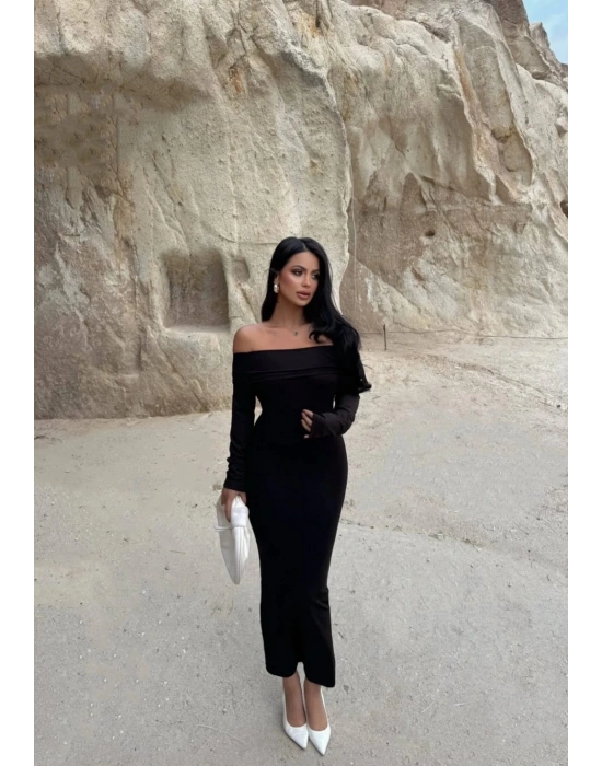 Madonna yaka esnek kumaş elbise siyah