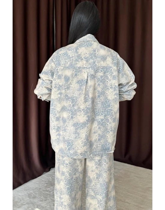 Mavi Leopar Desenli Ceket Ve Pantolon Keten Takım