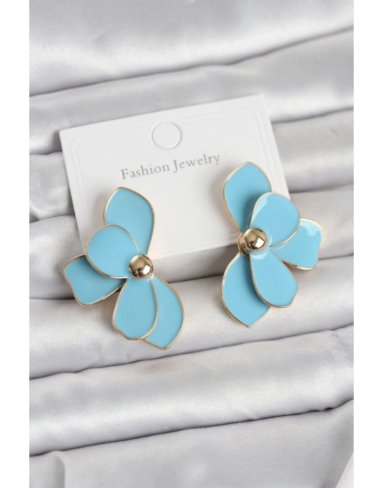 Mavi Mineli Lotus Model Pirinç Kadın Küpe