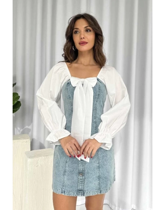 Mavi Önü Fiyoklu Kot Elbise