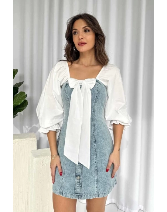 Mavi Önü Fiyoklu Kot Elbise