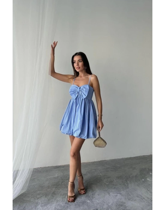 Mavi Önü Fiyonklu Askılı Elbise