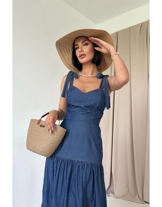 Mavi Tencel Bağlamalı Askılı Elbise