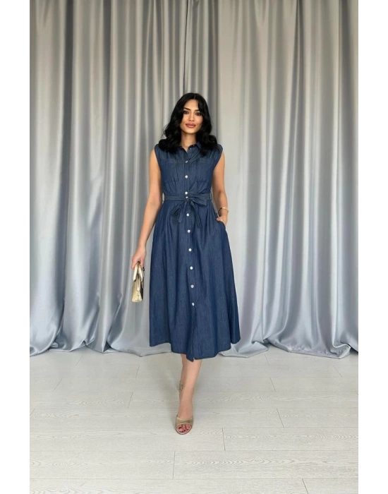 Mavi Tencel Çıtçıtlı Elbise