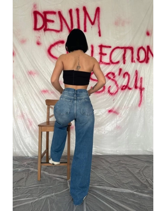 Mavi Yüksek Bel Ve Geniş Paça Jeans Pantolon