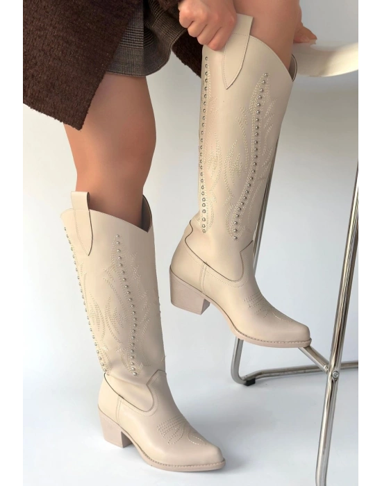 Meof Bej Cilt Topuklu Çizme