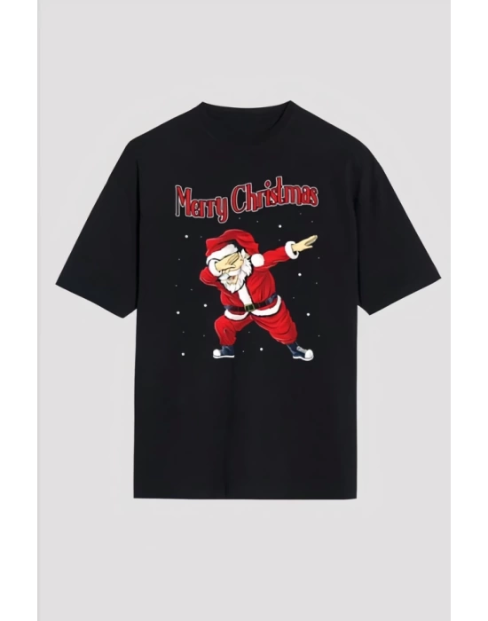 Merry Christmas Baskılı Noel Babalı T-shirt - Siyah