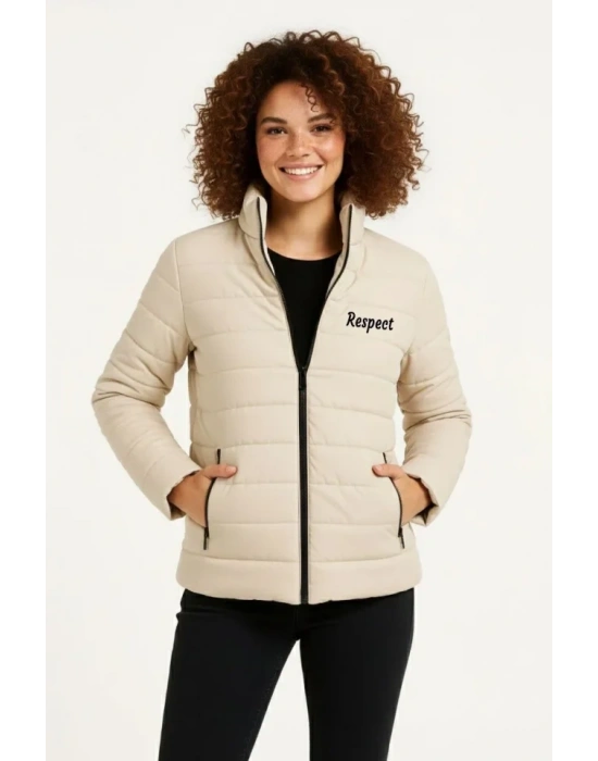 Mikro Su İtici Kapitone Baskılı Astarlı Fermuarlı Bomber Mont - Bej