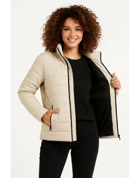 Mikro Su İtici Kapitone Baskılı Astarlı Fermuarlı Bomber Mont - Bej