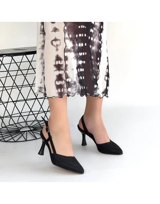 Minde Siyah Cilt Simli Topuklu Ayakkabı