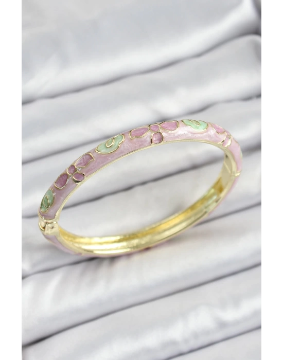 Mineli Gold Renk Pirinç Pembe Çiçek Desenli Kadın Kelepçe