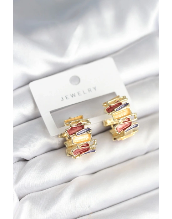 Mineli Karışık Renkli Gold Pirinç Kadın Küpe