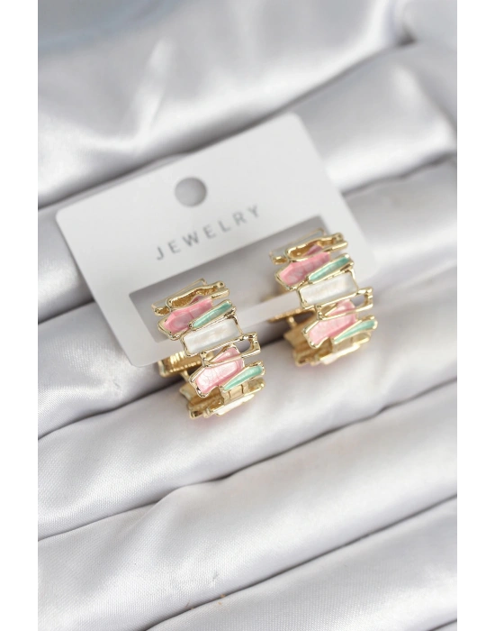 Mineli Karışık Renkli Gold Pirinç Kadın Küpe