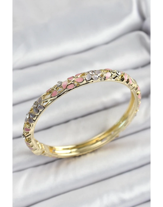 Mineli Pirinç Gold Renk Pembe Çiçek Motifli Kadın Kelepçe