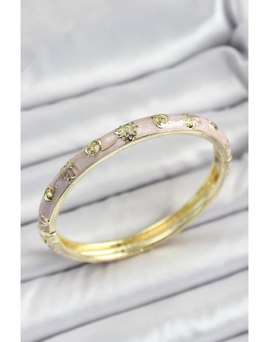 Mineli Pirinç Gold Renk Pembe Renk Motifli Kadın Kelepçe