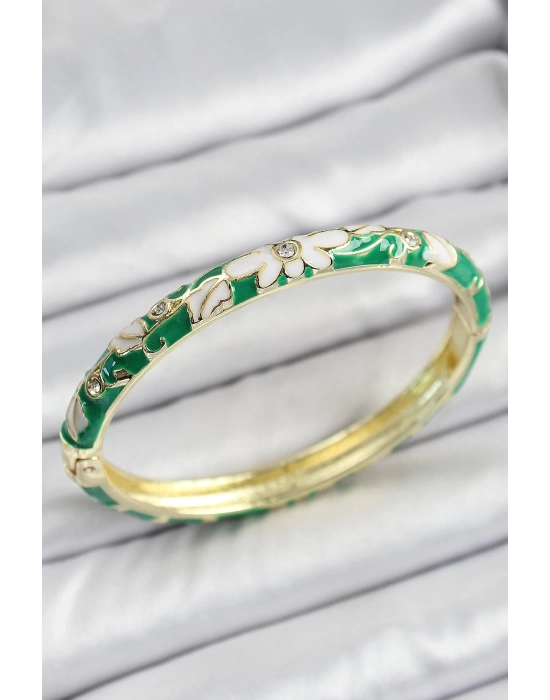 Mineli Pirinç Gold Renk Yeşil Çiçek Desen Motifli Kadın Kelepçe