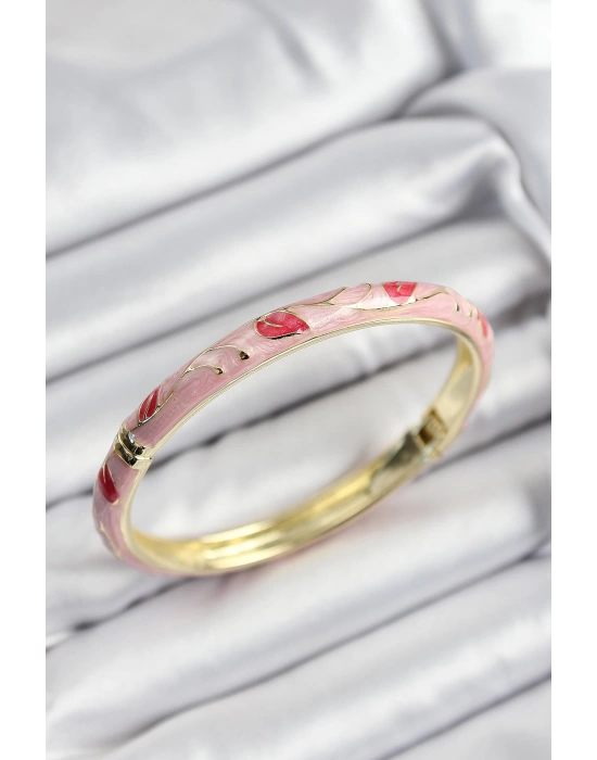 Mineli Pirinç Kırmızı ve Pembe Yaprak Motifli Gold Renk Kadın Kelepçe