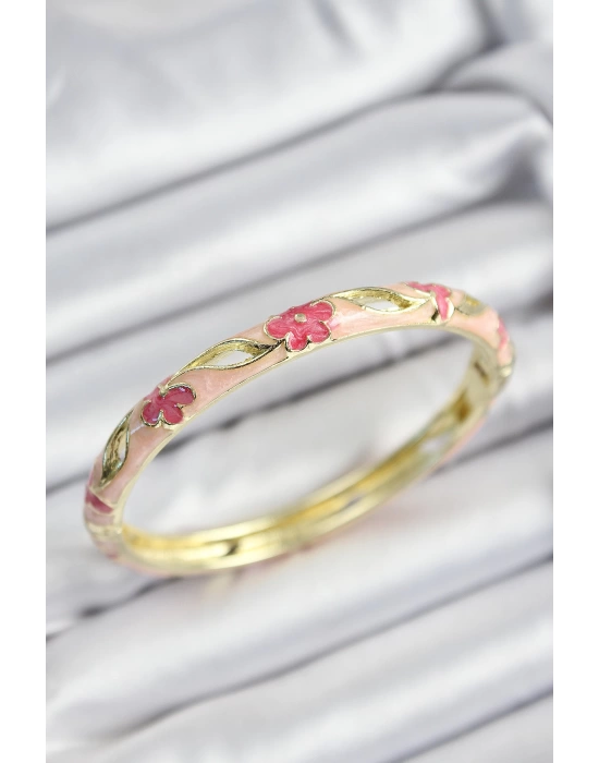 Mineli Pirinç Pembe Çiçek Motifli Gold Renk Kadın Kelepçe
