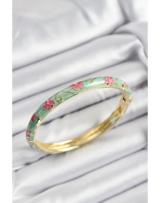 Mineli Pirinç Pembe Ve Yeşil Çiçek Motifli Gold Renk Kadın Kelepçe