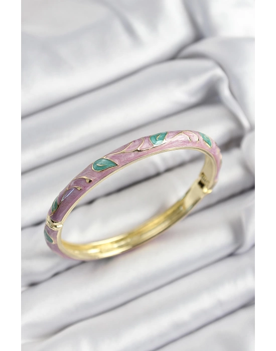 Mineli Pirinç Pembe Ve Yeşil Yaprak Motifli Gold Renk Kadın Kelepçe