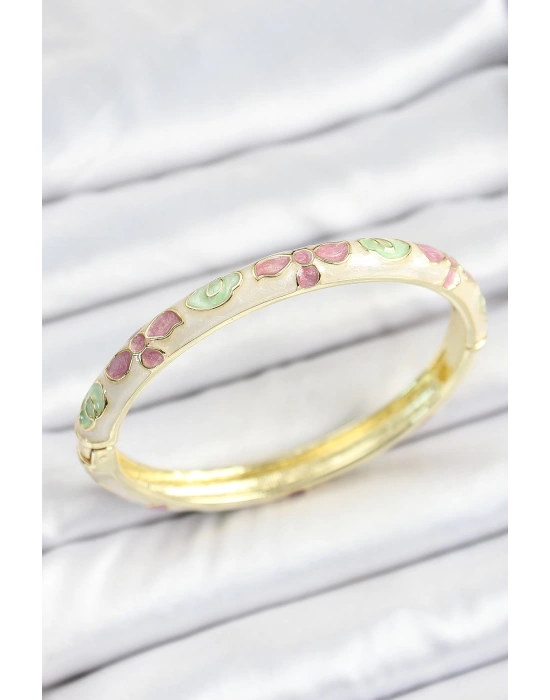 Mineli Pirinç Yeşil Pembe Çiçek Desenli Gold Renk Kadın Kelepçe
