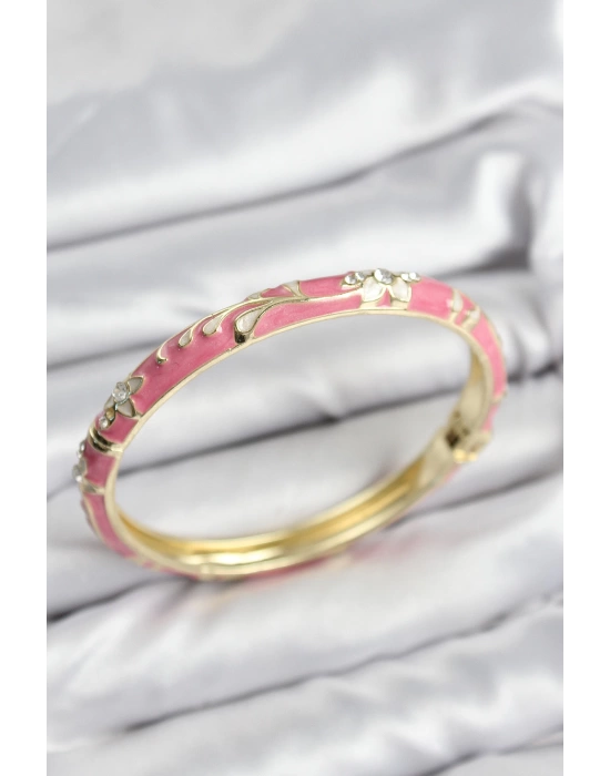 Mineli Pirinç Zirkon Taşlı Pembe Çiçek Motifli Gold Kadın Kelepçe