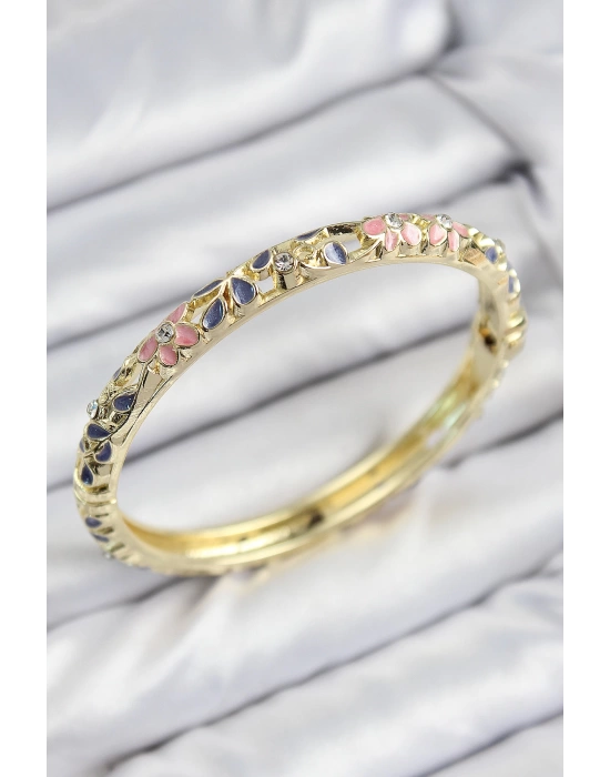 Mineli Pirinç Zirkon Taşlı Pembe Mor Çiçek Motifli Gold Kadın Kelepçe
