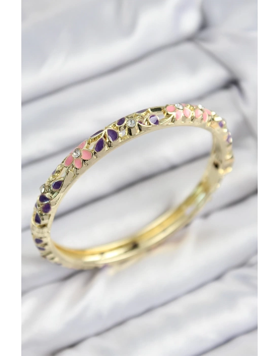 Mineli Pirinç Zirkon Taşlı Pembe Mor Çiçek Motifli Gold Kadın Kelepçe