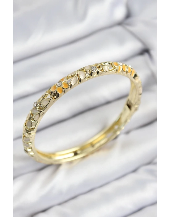 Mineli Pirinç Zirkon Taşlı Sarı Krem Çiçek Motifli Gold Kadın Kelepçe