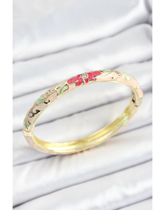 Mineli Pirinç Zirkon Taşlı Yeşil Pembe Çiçek Desenli Gold Renk Kadın Kelepçe