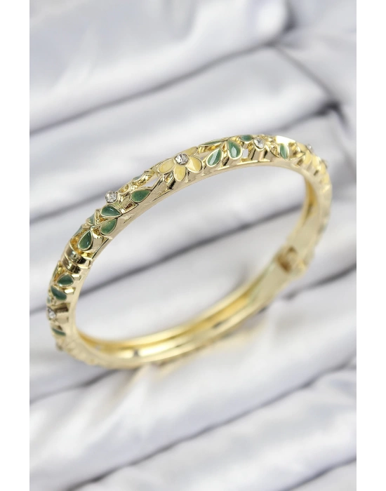 Mineli Pirinç Zirkon Taşlı Yeşil Sarı Çiçek Motifli Gold Kadın Kelepçe