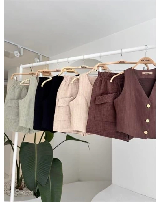 Mini Yelekli Şortlu Keten Takım 10176-08