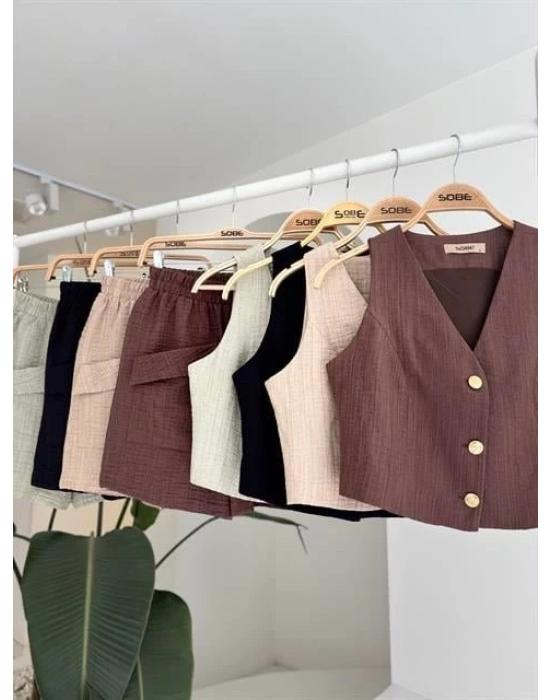Mini Yelekli Şortlu Keten Takım 10176-08