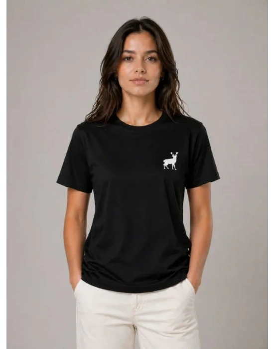 Minimal Geyik Logolu Tişört Bisiklet Yaka Kısa Kol Yazlık T-Shirt - Siyah