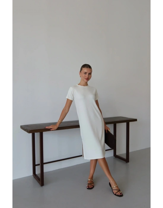 Modal yırtmaçlı elbise beyaz pt