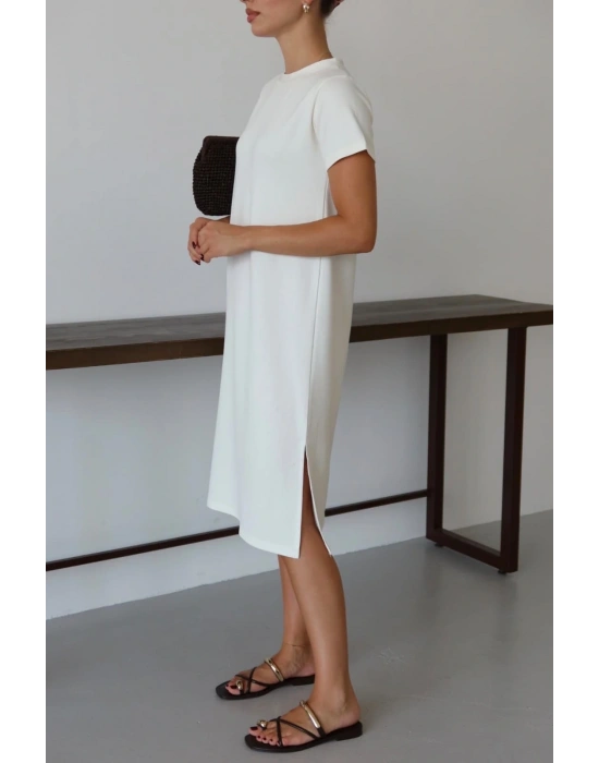 Modal yırtmaçlı elbise beyaz pt