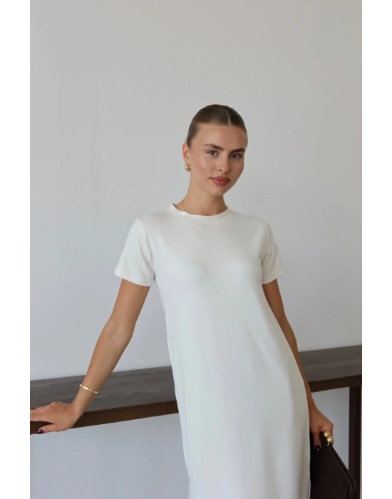 Modal yırtmaçlı elbise beyaz pt