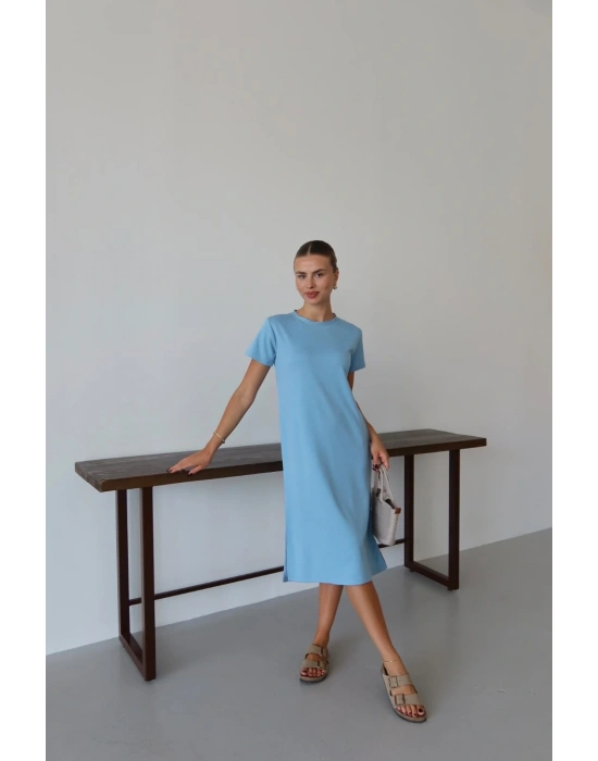 Modal yırtmaçlı elbise mavi pt