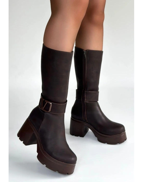 Moki Kahverengi Nubuk Topuklu Çizme