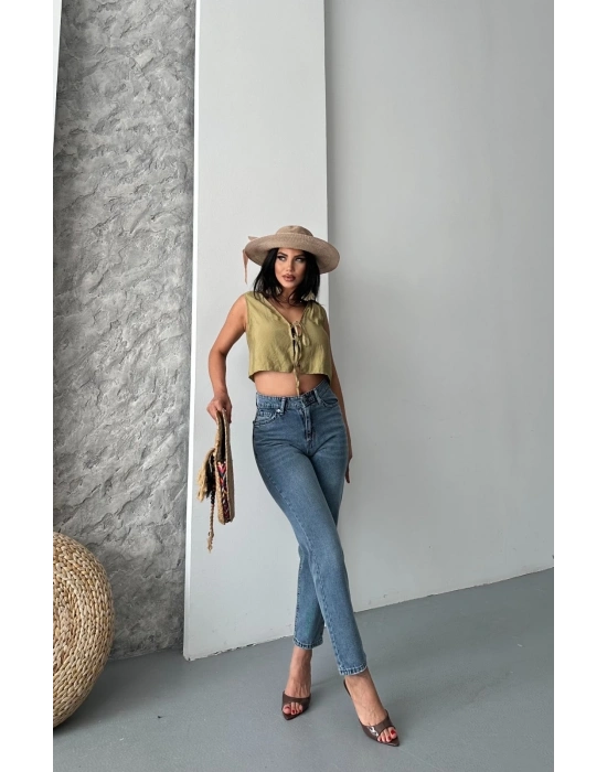 Mom fit bıyık kar yıkama jeans pantolon koyu mavi d2006