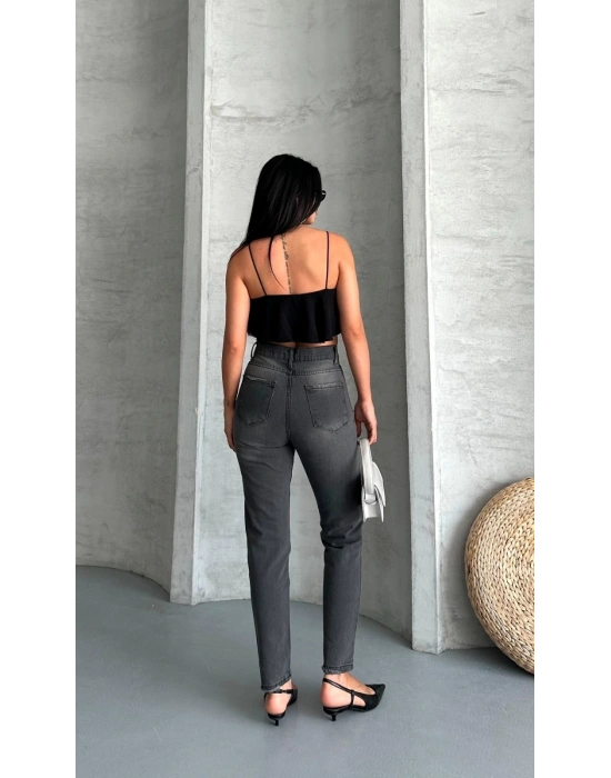 Mom fit enzim taş yıkama jeans pantolon füme d2006