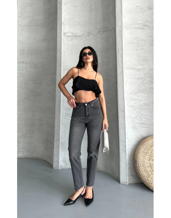 Mom fit enzim taş yıkama jeans pantolon füme d2006