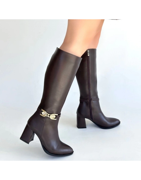 Mooni Kahverengi Cilt Topuklu Çizme