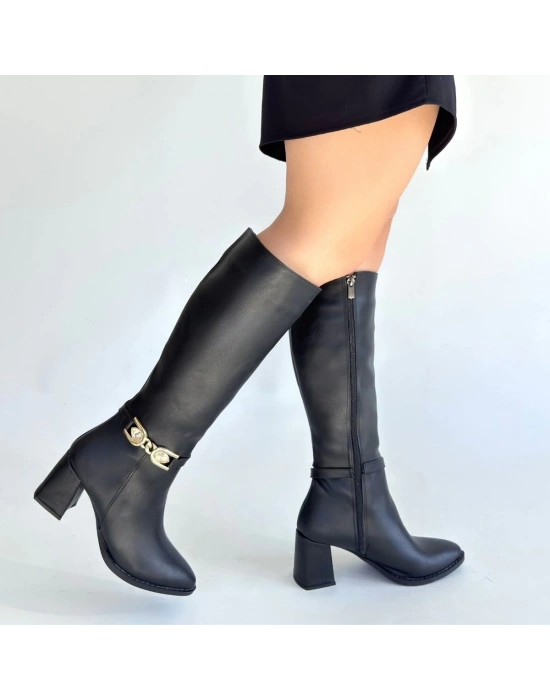 Mooni Siyah Cilt Topuklu Çizme