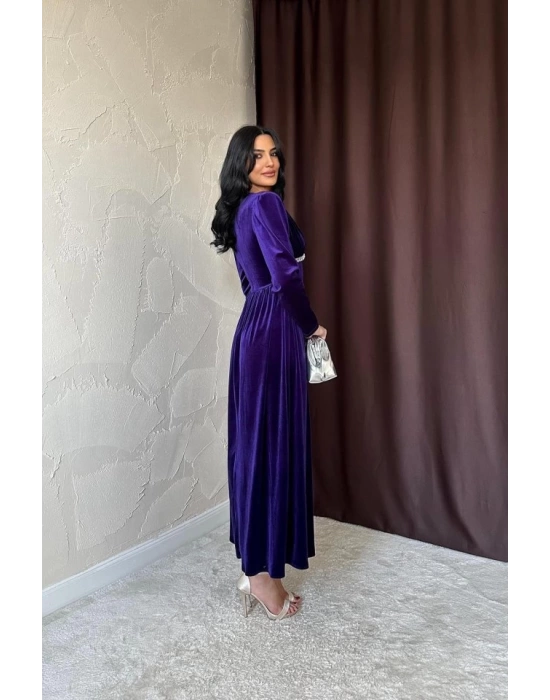 Mor Göğüs Altı Taşlı Elbise