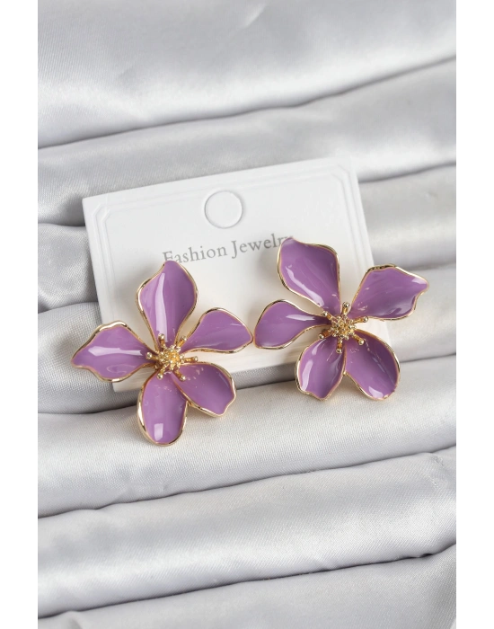 Mor Mineli Çiçek Model Pirinç Kadın Küpe