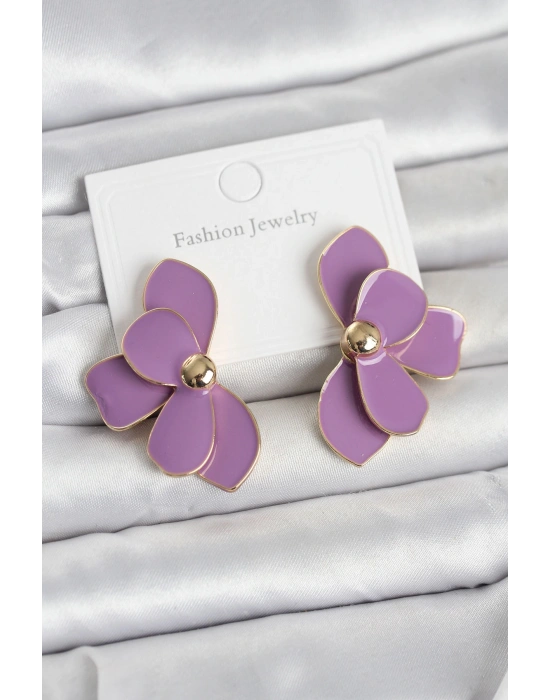 Mor Mineli Lotus Model Pirinç Kadın Küpe