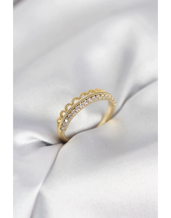 Motif Desenli Gold Renk Zirkon Taşlı Kadın Yüzük