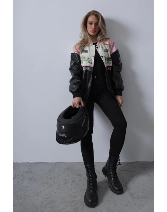 Motorcu Biker Ceket - Siyah-Pembe-Ekru