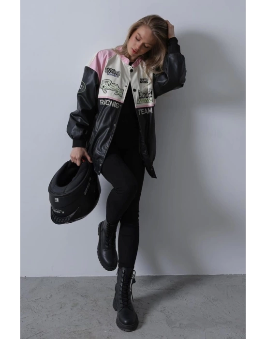 Motorcu Biker Ceket - Siyah-Pembe-Ekru